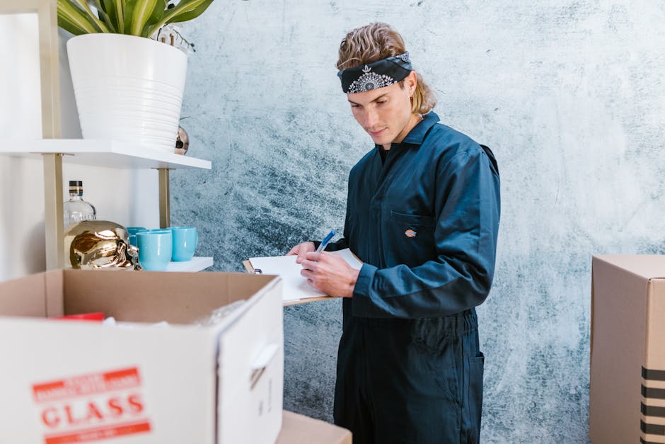 A professional removal specialist dressed in a dark blue uniform with a black bandana on his head is inside a well-lit room with a textured grey wall. He is holding a clipboard and pen, appearing to be checking inventory or coordinating a home relocation process. In front of him are partially opened cardboard boxes filled with household items, including a red-capped bottle, and a few items wrapped in protective packaging materials like bubble wrap or tissue paper. Behind him on white shelves are decorative ceramic vases, cups, and a potted plant, indicating the room is prepared for packing or unpacking. The presence of boxes and packing materials suggests an ongoing furniture transport or packing and moving activity, typical of professional removals carried out by Removal Companies Edgware as part of local house removals services. The environment appears organized, with items stored systematically to facilitate efficient loading or unloading, supporting the logistics of a smooth house relocation.